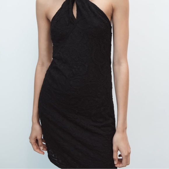 NWT Zara Jacquard Halter Knit Mini Dress in Black Size M - Picture 3 of 11